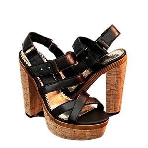 BeBe Black Leather Strappy Platform High Heel Paulina Sandals Size 9